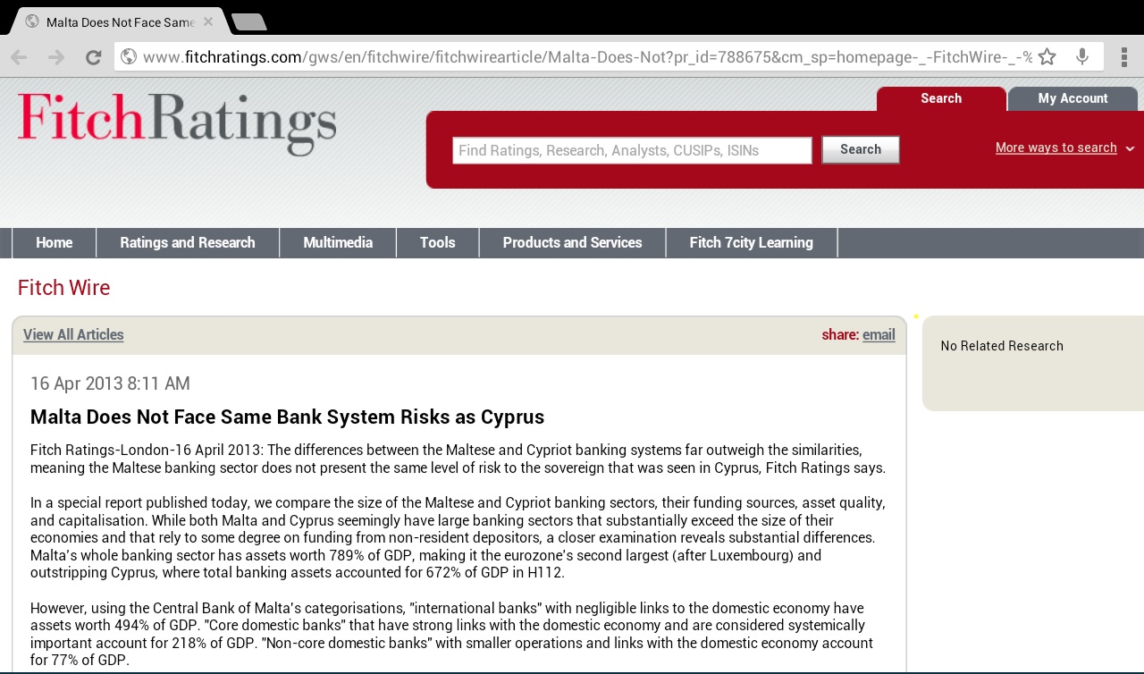 Fitch: Malta does not face same bank system risks as Cyprus